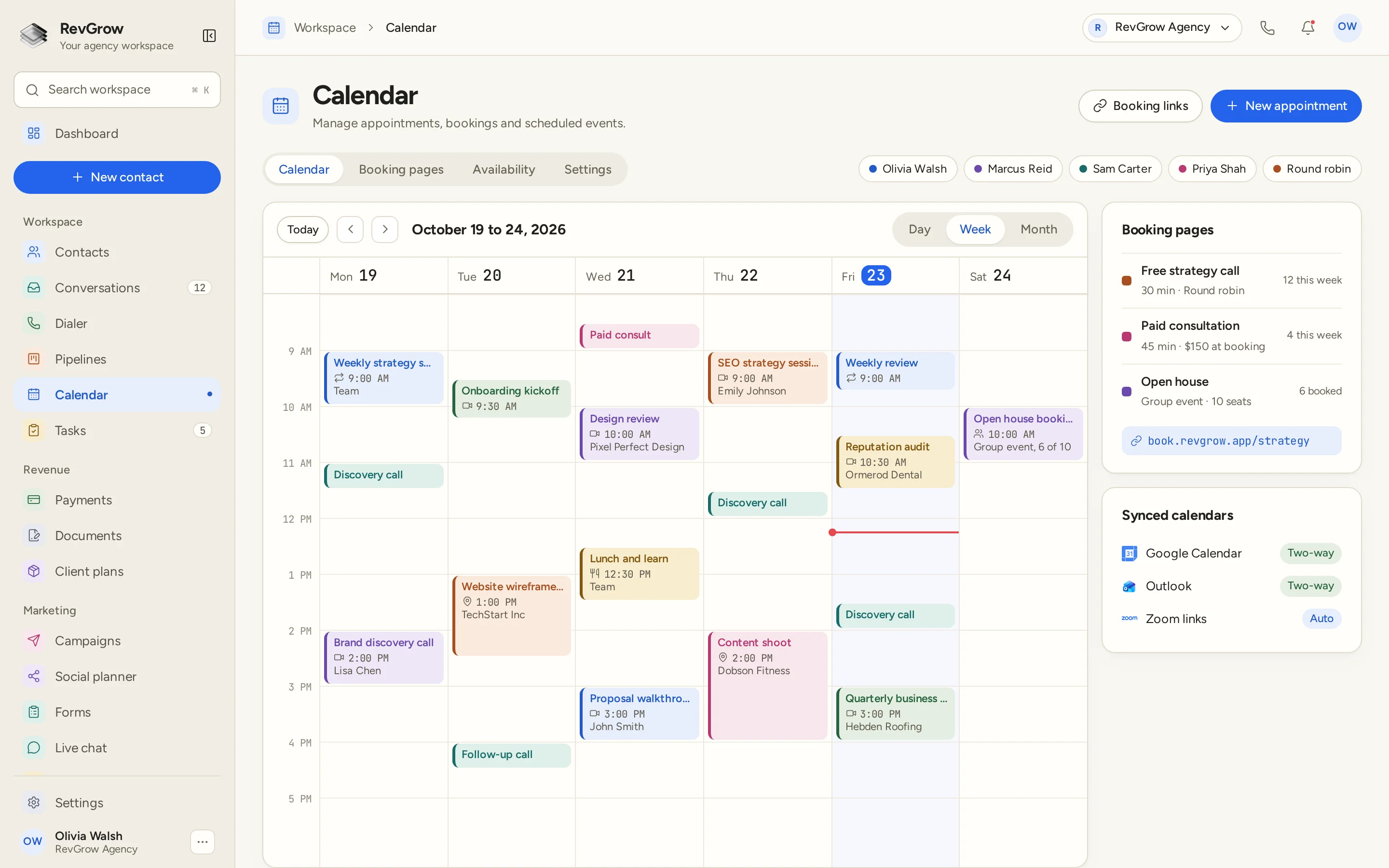 RevGrow Calendar in week view with color-coded appointments, team calendars and round robin, booking pages for a strategy call, consultation and group event, plus two-way Google and Outlook sync and automatic Zoom links.