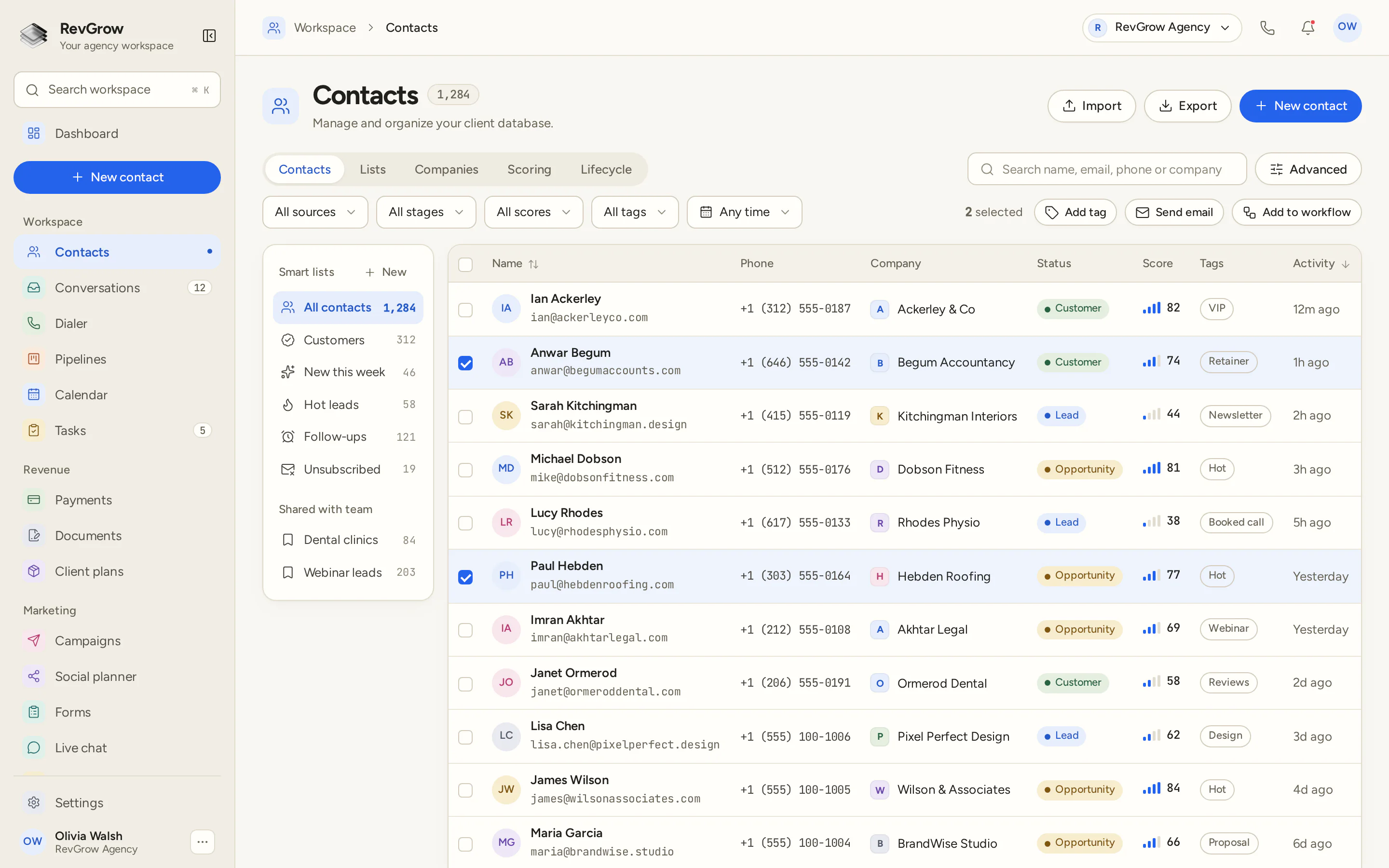 RevGrow Contacts list with smart lists for all contacts, customers, new this week, hot leads and follow-ups, and a table of names, phones, companies, status, scores and tags.