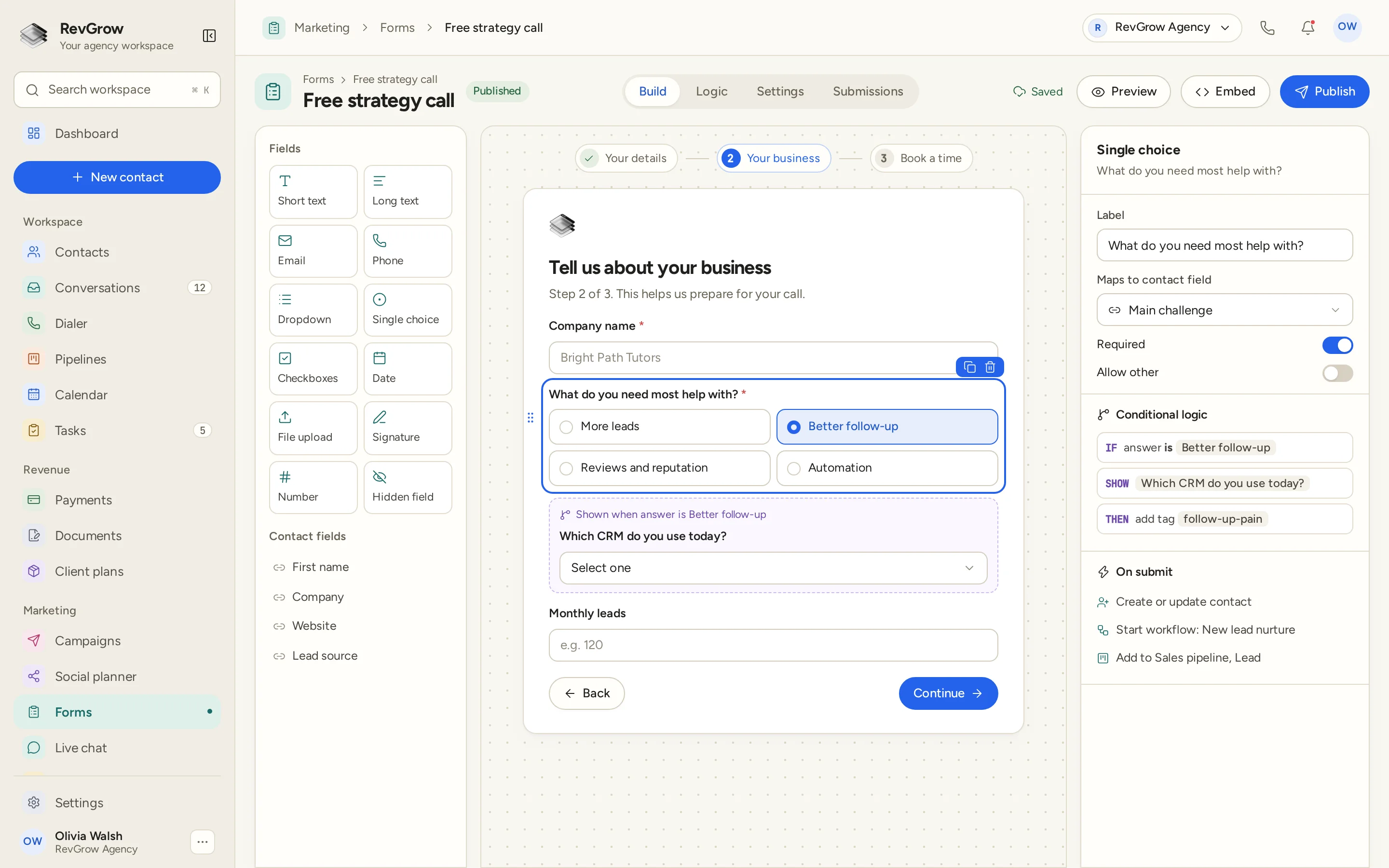 RevGrow form builder showing step two of a Free strategy call form, field types on the left, a business questionnaire in the center, and contact field mapping, conditional logic and submission actions on the right.