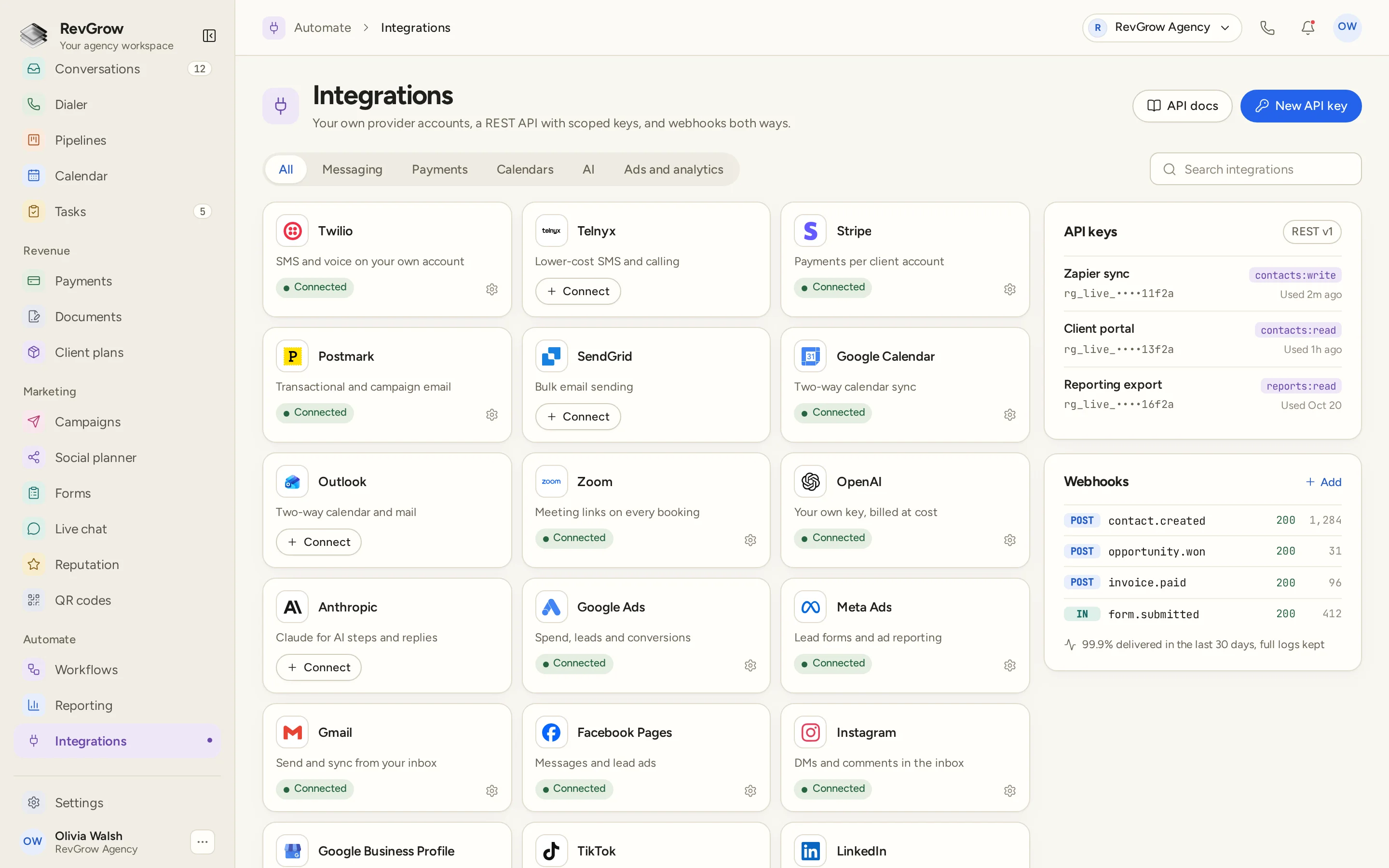 RevGrow Integrations screen with provider cards and connection statuses for messaging, payments, calendars, AI and ads, beside named REST API keys with scopes and a webhook panel showing inbound and outbound events and delivery status.