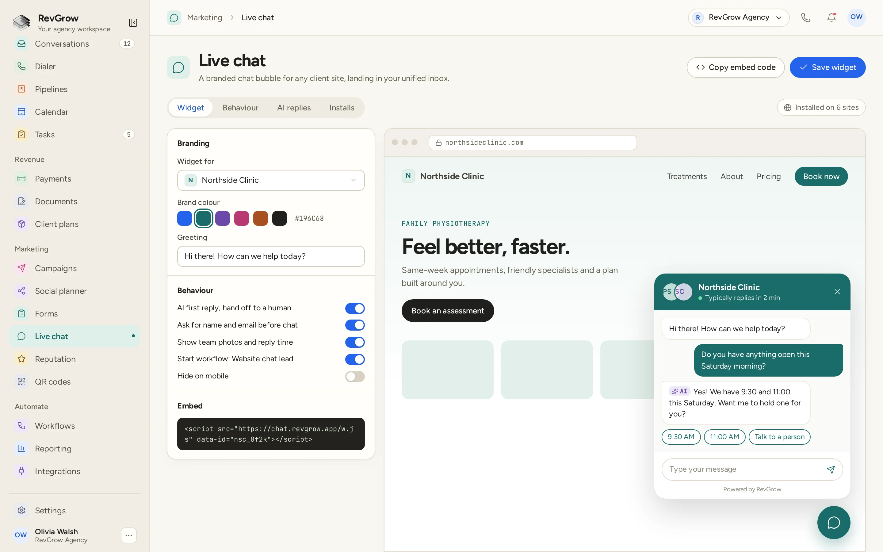 RevGrow Live chat widget settings with brand colour, greeting, behaviour toggles and an embed snippet, beside a live preview of the chat bubble on a clinic website where an AI first reply offers appointment times and a talk to a person option.