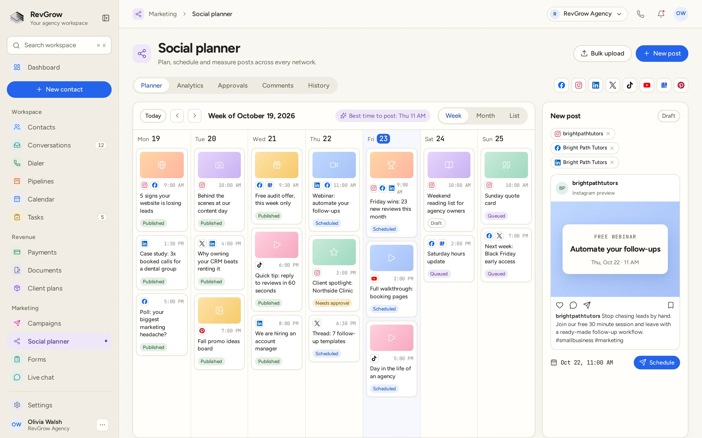 RevGrow Social planner week view with published, scheduled, queued, draft and needs-approval posts across Instagram, Facebook, LinkedIn, X, TikTok, YouTube, Pinterest and Google Business, a best time to post suggestion, and a new post composer with an Instagram preview and a schedule button.