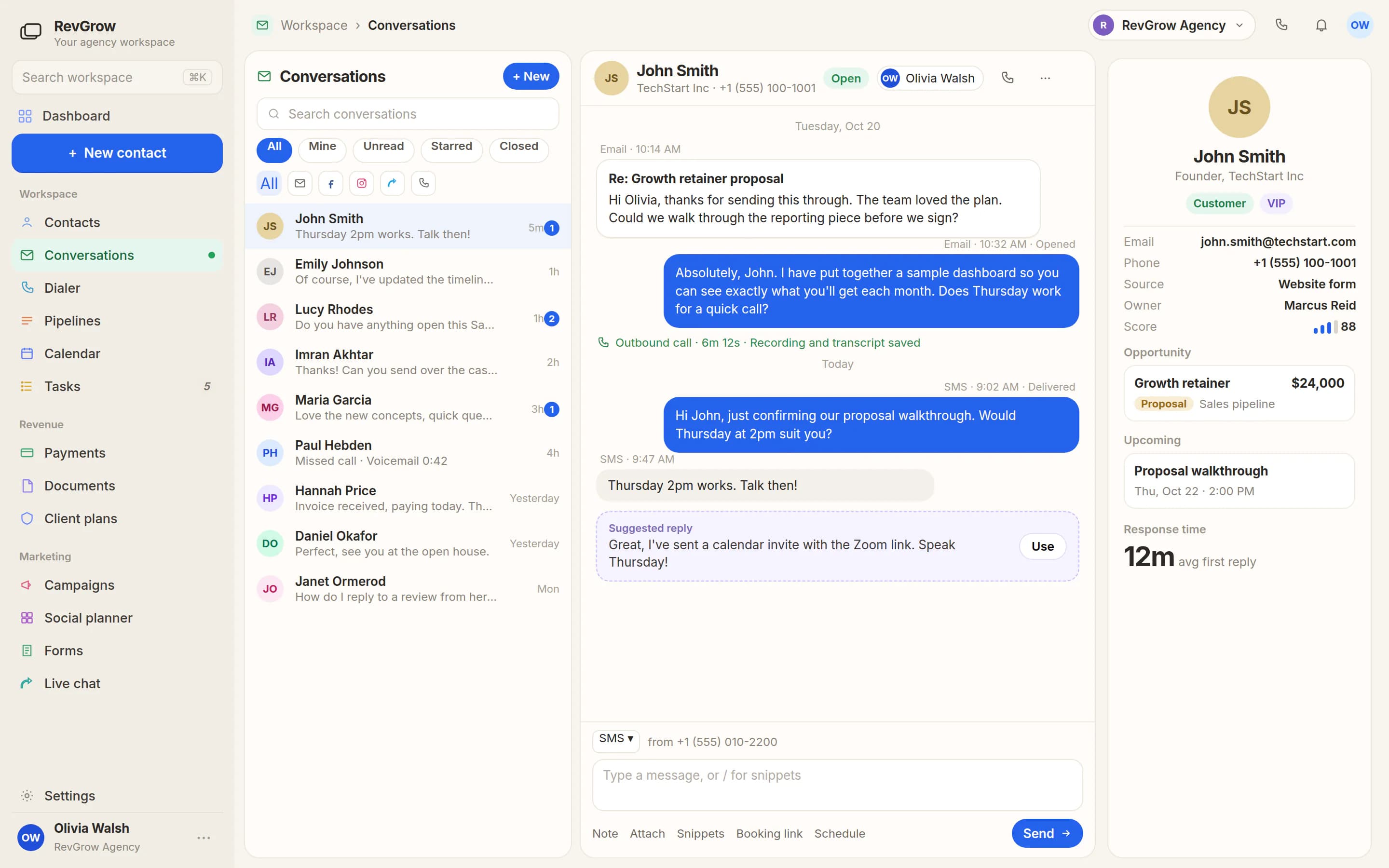 RevGrow Conversations with John Smith open, email, text and a call in one thread, a suggested reply, and the contact panel with tags, score, opportunity and response time.