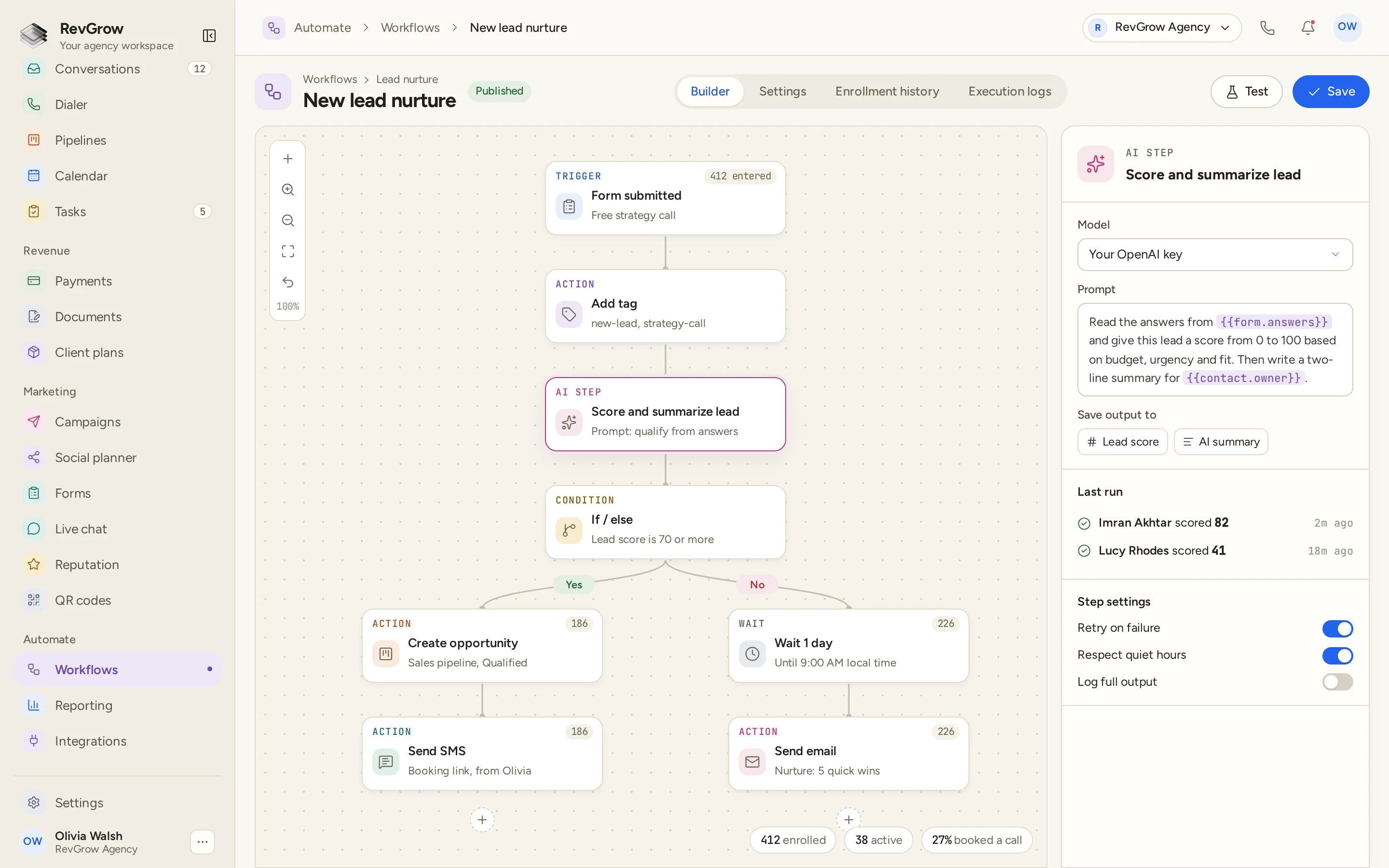 RevGrow New lead nurture workflow with a form-submitted trigger, a tag action, an AI lead-scoring step and an if/else branch leading to an opportunity, SMS, a wait and email. The AI settings panel shows the prompt, saved fields and recent runs.