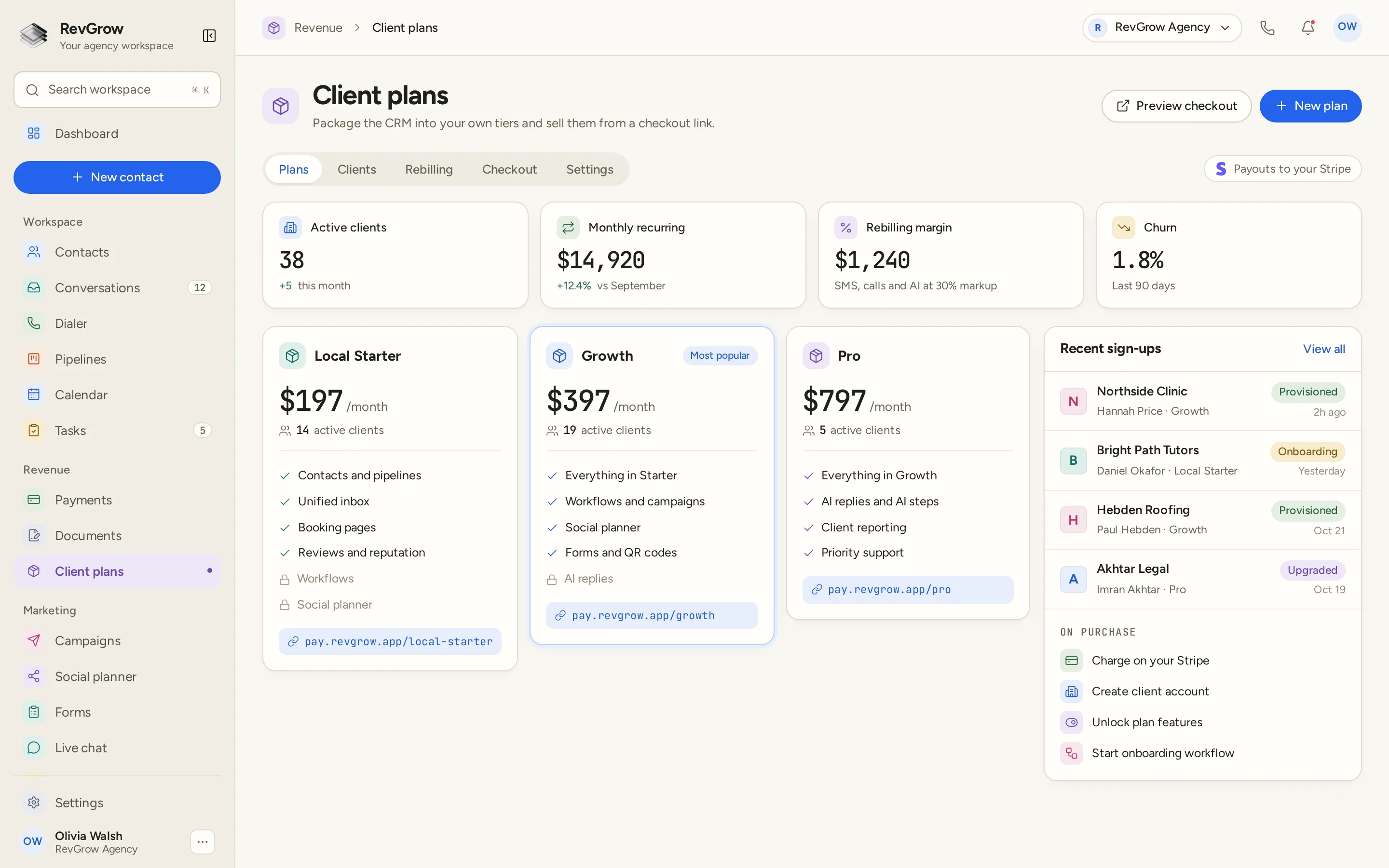 RevGrow Client plans screen with sample agency tiers, feature lists and checkout links, active client and billing metrics, recent sign-ups and purchase actions for Stripe payment, account creation, feature access and onboarding.