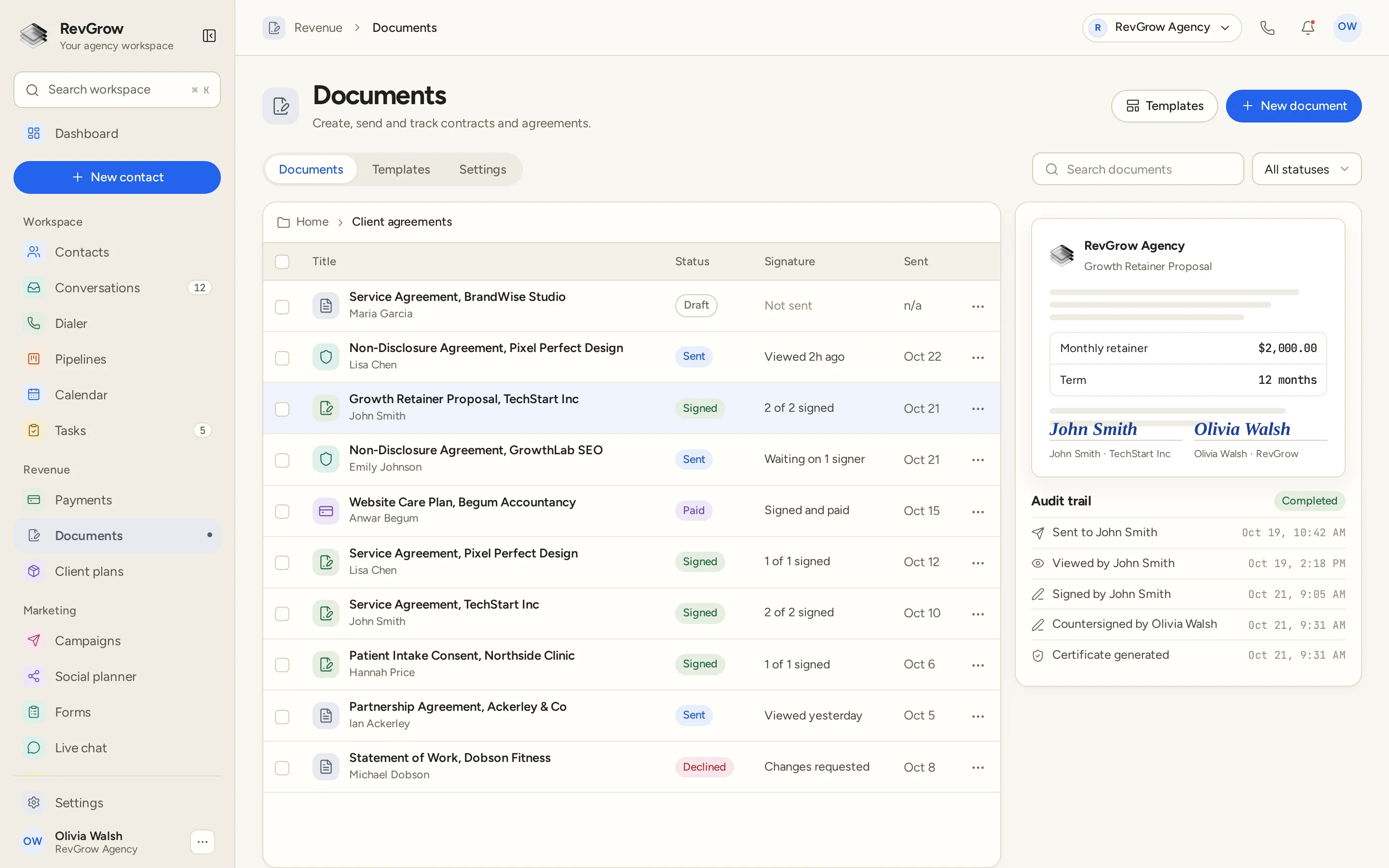 RevGrow Documents list in a Client agreements folder, with draft, sent, signed, paid and declined documents and their signature status, beside a signed proposal preview with two signatures and an audit trail from sent to certificate generated.