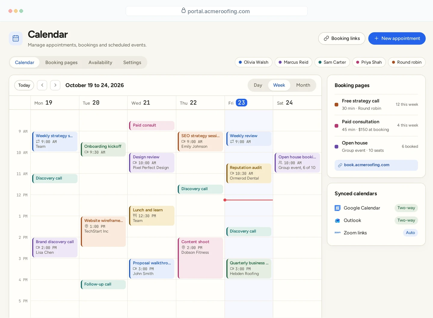 Acme Roofing calendar in week view with booking pages and synced calendars at portal.acmeroofing.com.