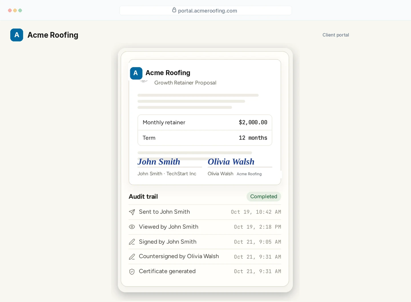 Acme Roofing client portal showing a signed growth retainer proposal and its audit trail at portal.acmeroofing.com.